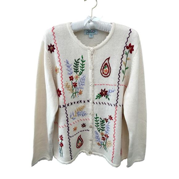 HABAND! | Vintage 90s Floral Embroidered Cream Cardigan Sweater | Size Large - Picture 1 of 10